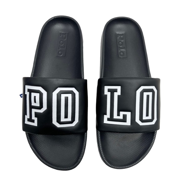 Polo by Ralph Lauren Shoes | Polo Ralph Lauren Mens Cayson Spell Out Slides | Color: Black/White | Size: 9 | Osnotions's Closet